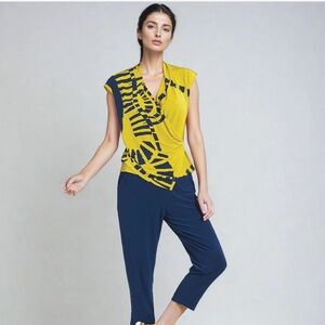 Clara Sun Woo Office Siren Crossover Faux Wrap Yellow Navy Top Size XL